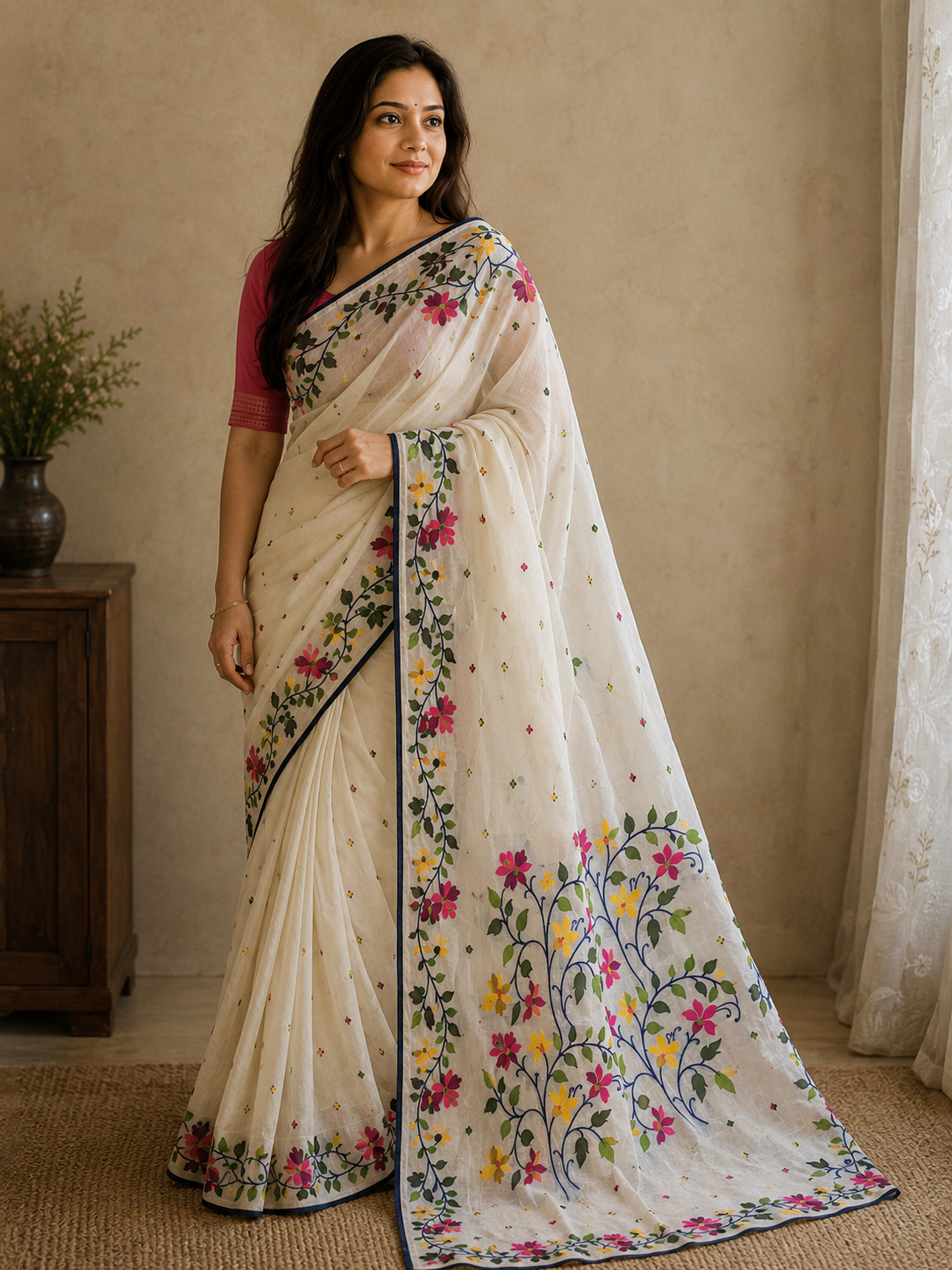 White Bonolota Jamdani saree styled
