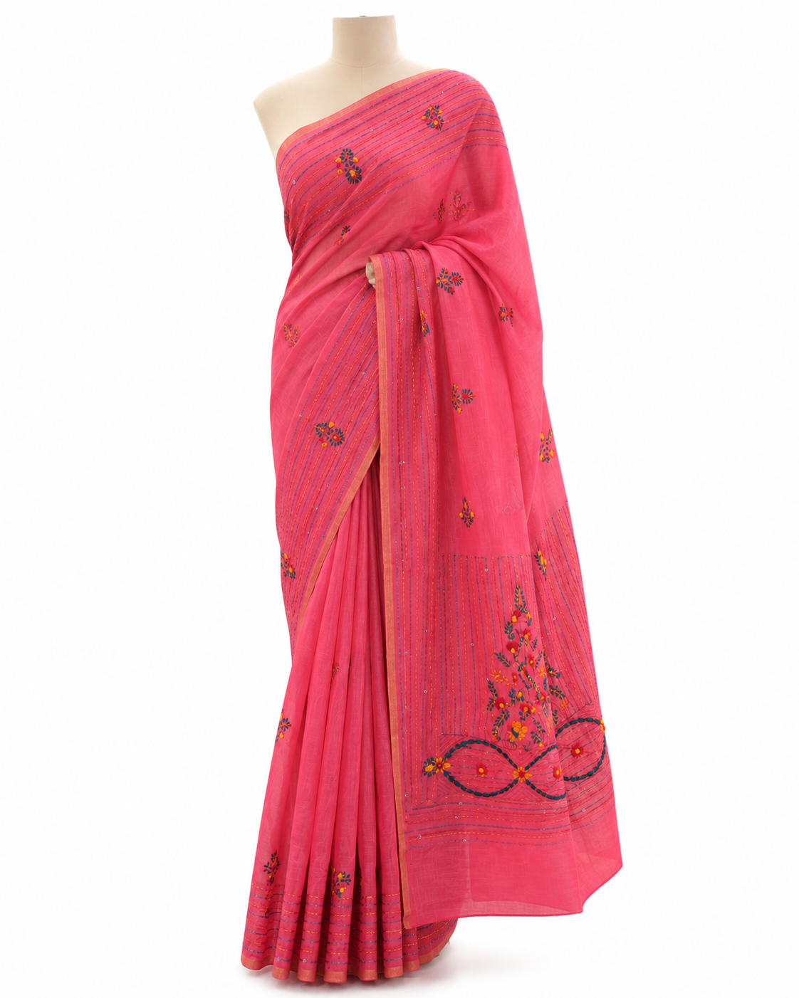 Pallu of pink Chanderi with bullion and sequin