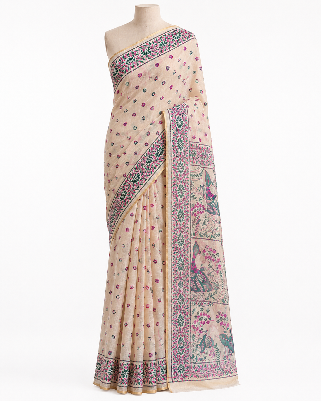 Pallu of white Chanderi with green and pink work