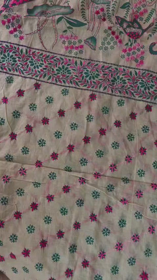 White Chanderi with green and pink work — drape and texture