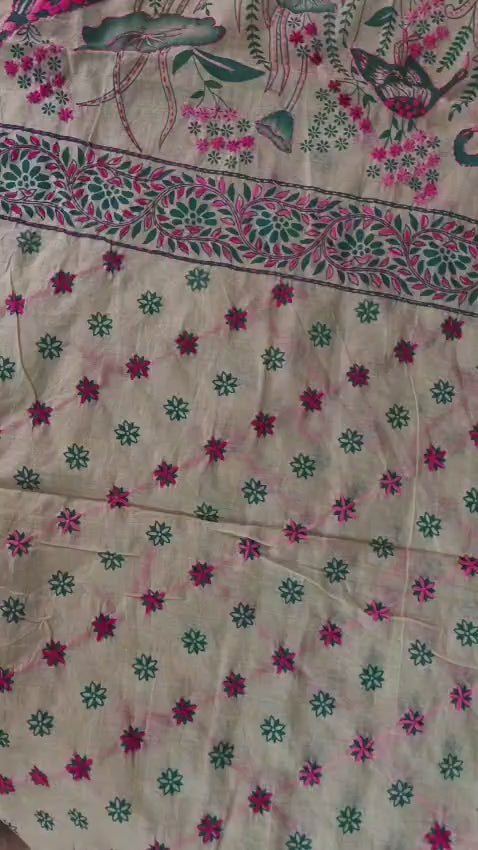 White Chanderi with green and pink work — drape and texture