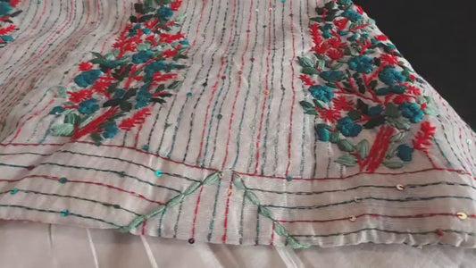 Cream Chanderi Cotton Saree with Bullion Knot and Sequin Work