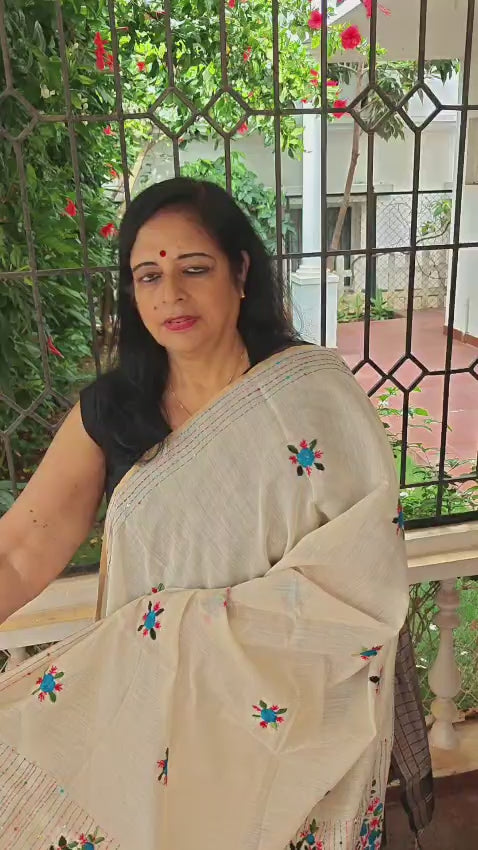 Cream Chanderi Cotton Saree with Bullion Knot and Sequin Work
